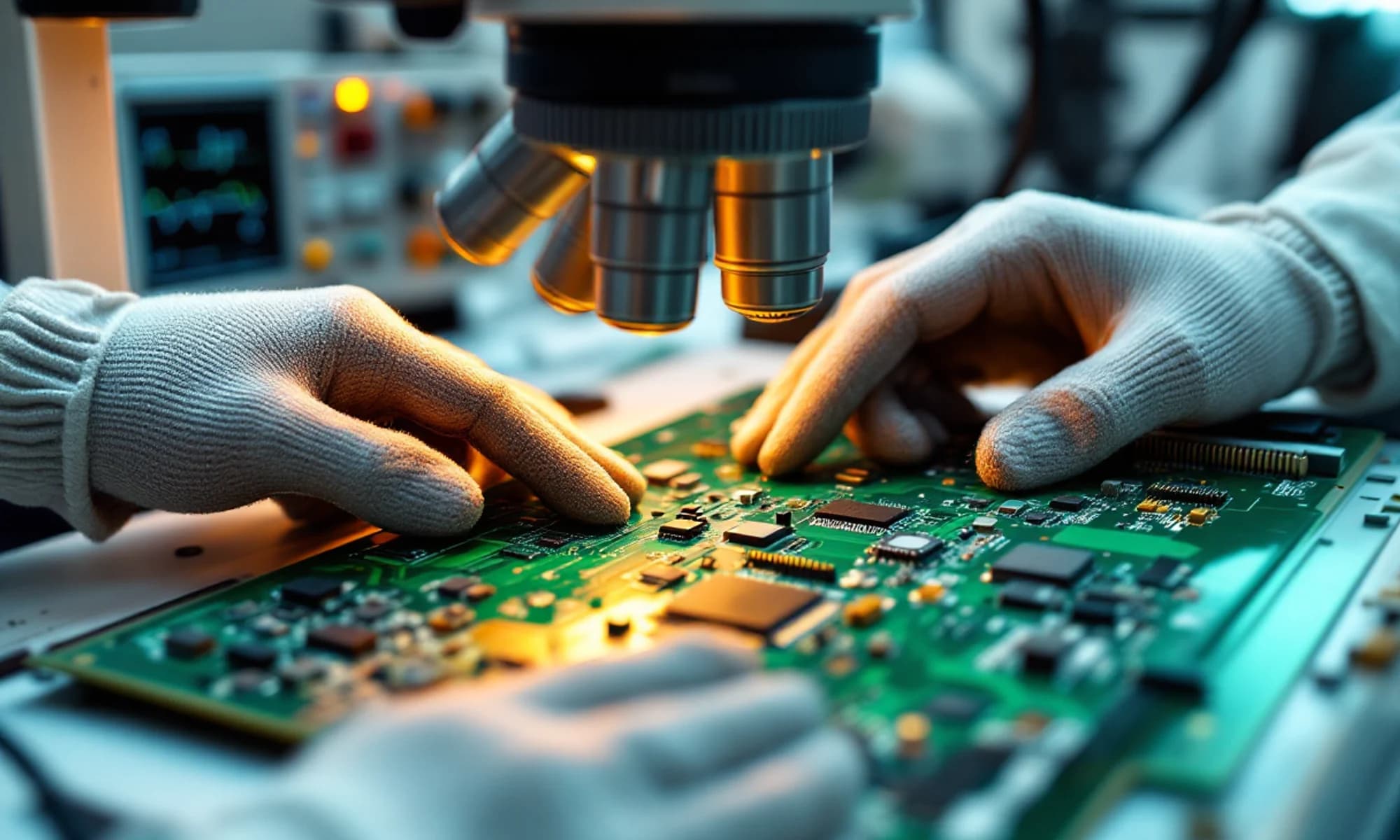 ELKAR elektronik kart onarım laboratuvarı — mikroskop altında PCB ve test ekipmanları