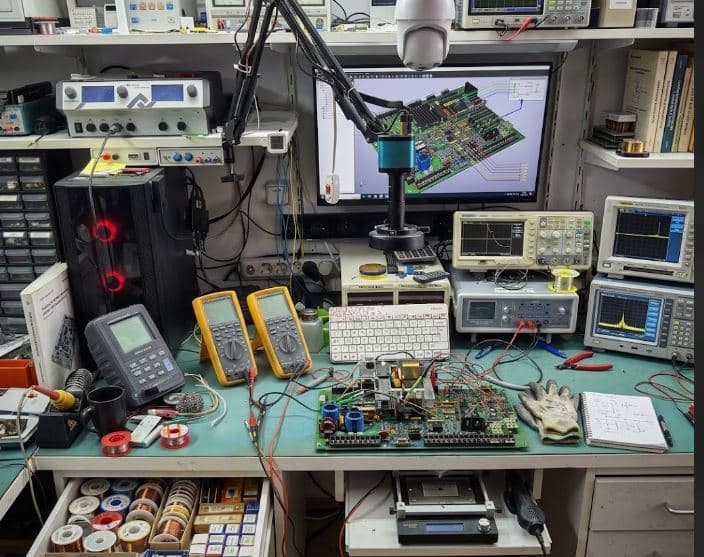 ELKAR elektronik kart onarım laboratuvarı — mikroskop altında PCB ve test ekipmanları